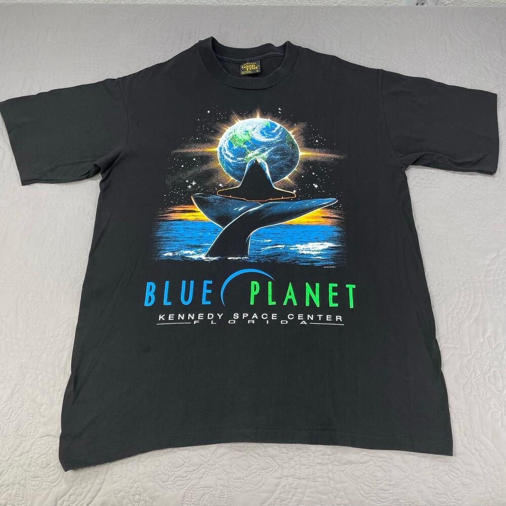 Kennedy Space Center Blue Planet 90s T Shirt Mens‎ Large Black Earth Whale NASA